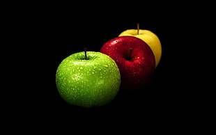 several assorted-color apples, apples, black background, fruit HD wallpaper
