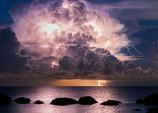 blue sea, lightning, sea, rock, storm HD wallpaper