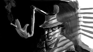 black and white Inspector Gadget painting, humor, Inspector Gadget, cigarettes, shadow