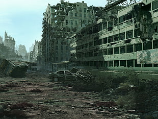 gray concrete building, apocalyptic, city