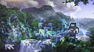 waterfalls, arrows, pixel art, landscape, blue HD wallpaper