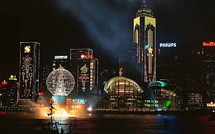 high-rise building cityscape, city, night, lights, Hong Kong