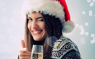 woman Santa Claus hat and black and white fair isle top HD wallpaper