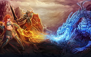 two red and yellow abstract paintings, Tibia, RPG, fantasy art, warrior