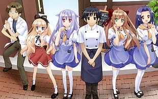 purple dressed waitress and man chef anime