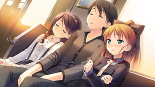 boy sleeping between two girls anime characters HD wallpaper