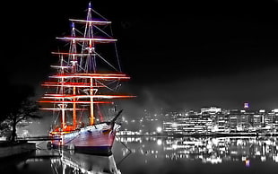 selective color photography of boat wallpaper, sailing ship, night, selective coloring, cityscape