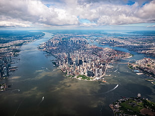 high rise building, New York City, water, river, cityscape
