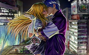 man and woman kissing anime illustration