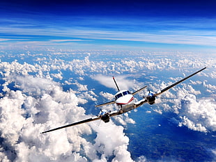 white biplane, airplane, clouds, aircraft, vehicle