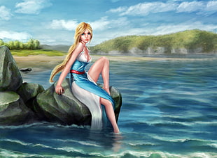 woman in blue and white slitted dress seating on rock beside body of water painting