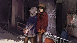 two female anime characters illustration, short hair, Nylons, anime, headdress HD wallpaper