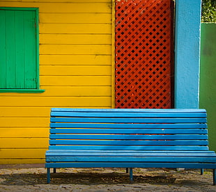 blue wooden bench, colorful, Motorola