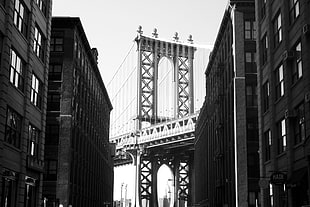 grayscale photo suspension bridge, New York City, Brooklyn, Manhattan Bridge, urban