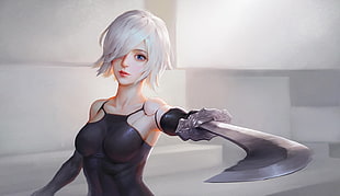 white-haired female anime character, fantasy art, warrior, Nier: Automata, NieR