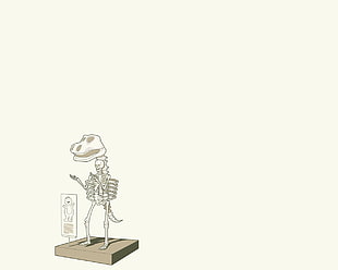 white barney skeleton illustration, simple background, humor, skull, bones