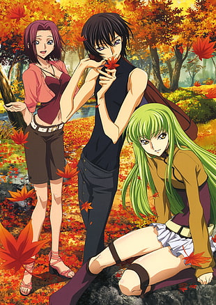 two female and male anime characters illustration, Code Geass, C.C., Lamperouge Lelouch, Kallen Stadtfeld