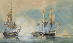 painting of two brown sail ships, artwork, sailing ship, sea, clouds