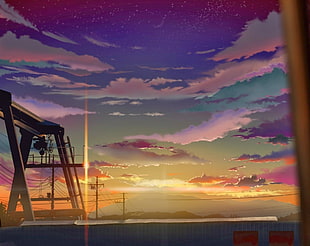 painting of port, clouds, artwork, flares, sunset