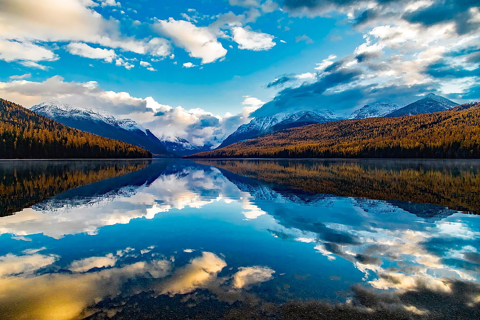 calm body of water near mountains and pine trees under white and blue sky at daytime HD wallpaper