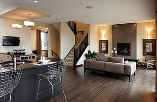 white and black living room set, interior HD wallpaper