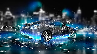 black coupe, car, water drops, city, Nissan