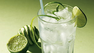 clear glass cup, green, lemons, plants, ice cubes