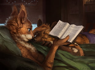 brown and black short coated dog, Anthro, furry, reading, in bed HD wallpaper