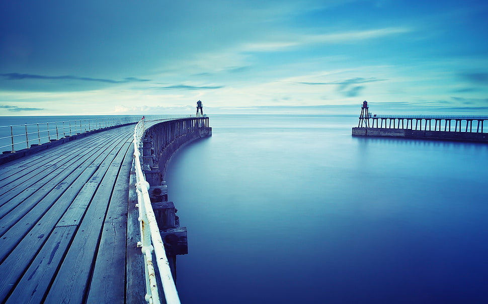brown wooden dock, water, pier, sky, sea HD wallpaper