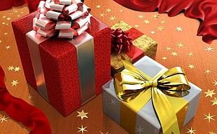 shallow focus photography of red and gold Christmas presents HD wallpaper