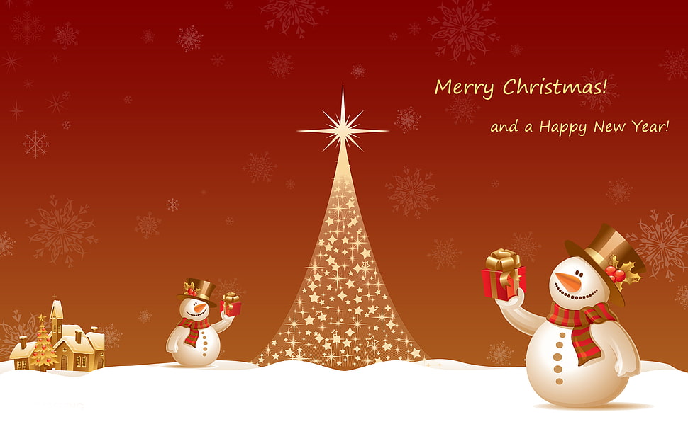 Christmas tree with two snowman beside house illustration HD wallpaper