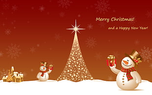 Christmas tree with two snowman beside house illustration HD wallpaper