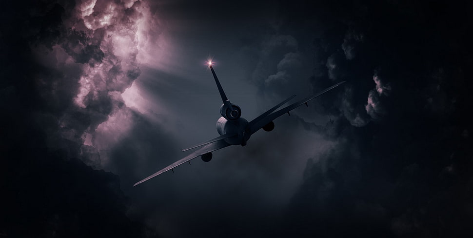 gray commercial plane, landscape, airplane, clouds, sun rays HD wallpaper