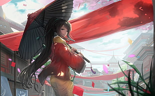 female anime character holding umbrella digital wallpaper, umbrella, original characters, artwork