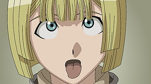 beige haired female anime character showing her tongue