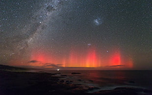 northern lights, Milky Way, space, aurora  borealis, beach HD wallpaper