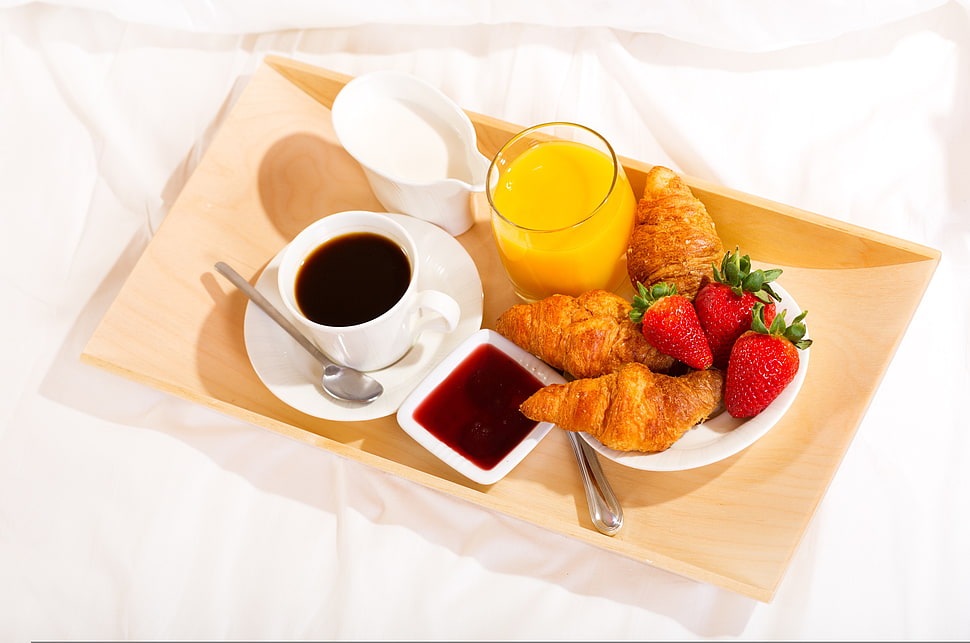 rectangular brown wooden bed tray, coffee, breakfast HD wallpaper