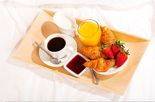 rectangular brown wooden bed tray, coffee, breakfast