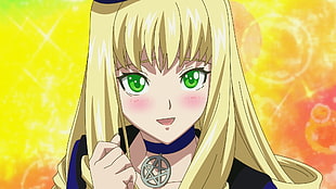 blond hair female anime character wearing pentragram choker
