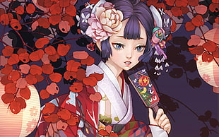 female anime character wearing white traditional dress with purple hair