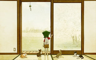 boy standing near brown wooden door illustration, anime, Yotsubato, cat