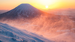 snow covered mountain during daytime, sunrise, mount Yotei, snow, Japan HD wallpaper