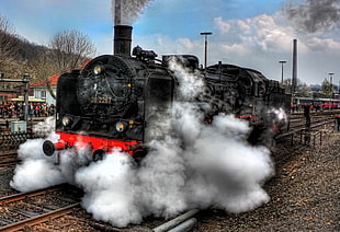black train, steam locomotive, vintage, HDR, vehicle