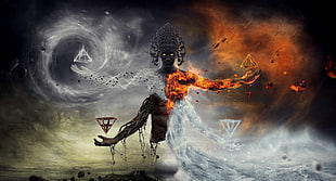 fire, earth, water, and wind bender digital wallpaper, fantasy art, artwork, four elements