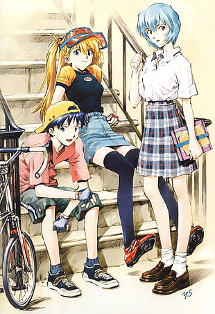 two female and one male animation characters illustration, anime, Neon Genesis Evangelion, Asuka Langley Soryu, Ayanami Rei