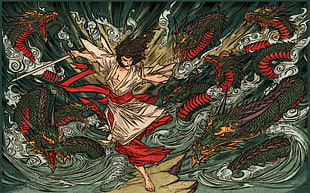 man fighting with dragons illustration, artwork, fantasy art