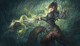 brown-haired female anime character wallpaper, artwork, sword, fantasy art