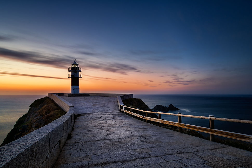 concrete lighthouse and bridge, lighthouse, sky, blue, sea HD wallpaper