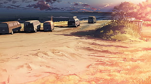 vehicles parked beside body of water painting, beach, sunset, 5 Centimeters Per Second, artwork HD wallpaper