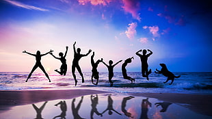 silhouette of people, jumping, people, sea, dog HD wallpaper